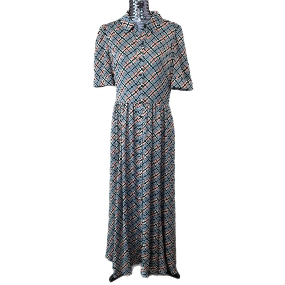 Gal Meets Glam Collection Colette Blue Plaid Button-Down Maxi Dress Size 12 - Picture 2 of 16